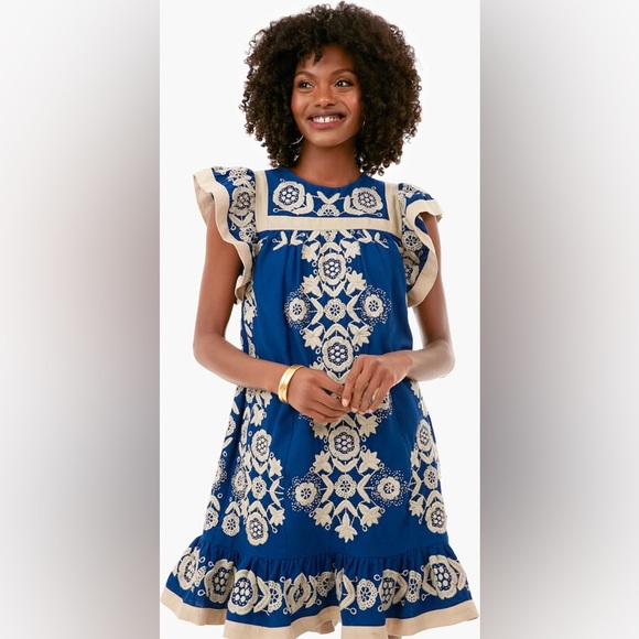 Sea NY Manuela Flutter Sleeve tunic dress S Blue Embroidered Linen New no tags - Picture 7 of 8